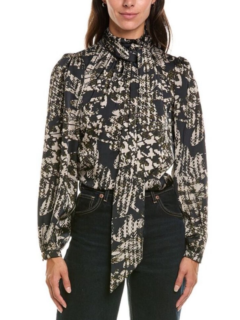 Ramy Brook Livia Green and Cream Tie-Neck Printed Blouse